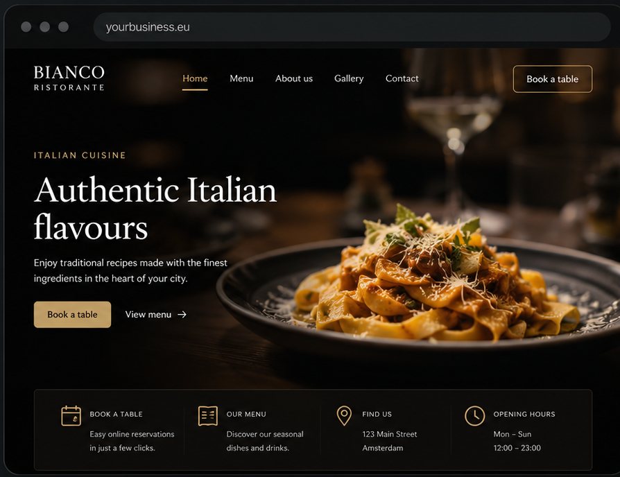 Example lead-generation website PMA builds — a restaurant site with online booking