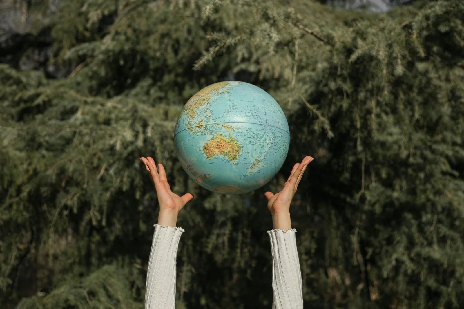 Handen die een wereldbol omhooghouden, het internationale bereik van Planet TA